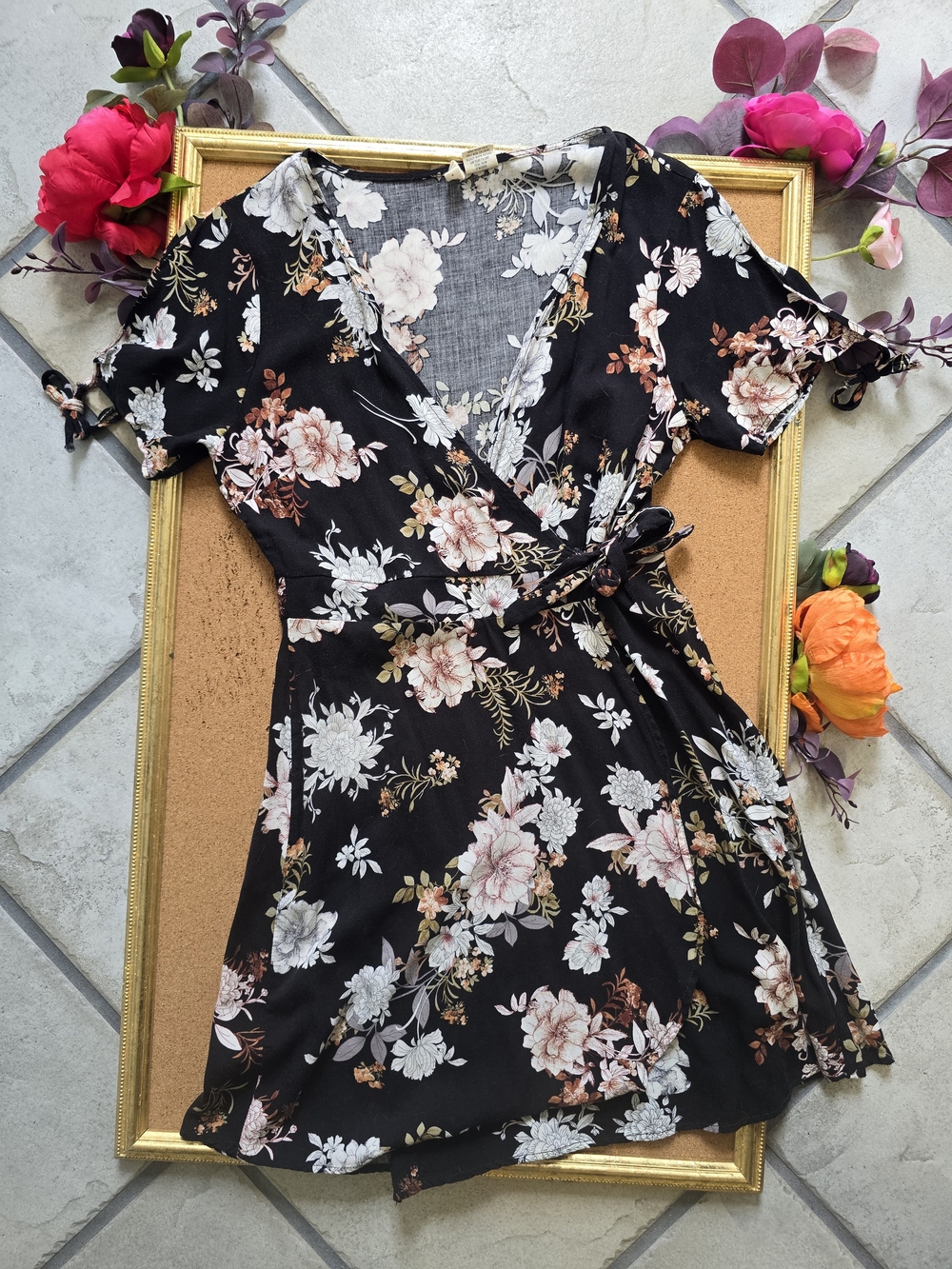 Floral Black Wrap Mini Dress with Blush & Cream Blooms